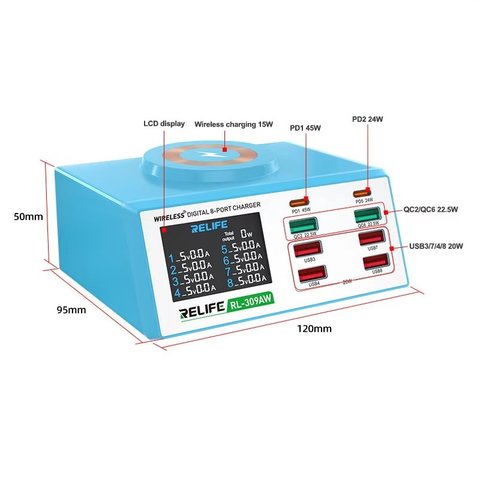 Мережевий зарядний пристрій RELIFE RL 309AW, 100 Вт, Quick Charge, Power Delivery PD , з безпровідною зарядкою, 8 портів