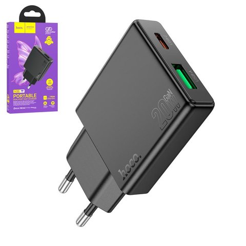 Мережевий зарядний пристрій Hoco N38, 20 Вт, Quick Charge, Power Delivery PD , чорний, 2 порта, #6942007610100