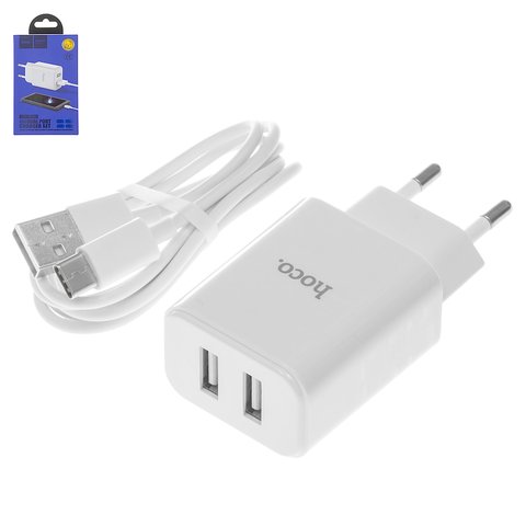 Mains Charger Hoco C62A, 10.5 W, white, with USB cable Type C, 2 outputs  #6957531095019