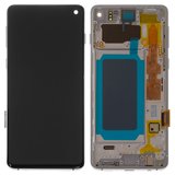 Pantalla LCD puede usarse con Samsung G973 Galaxy S10, blanco, con marco, original (vidrio reemplazado)