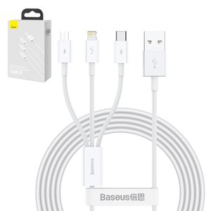 Cable USB Baseus Superior, USB tipo A, USB tipo C, micro USB tipo B, Lightning, 150 cm, 3.5 A, blanco, de silicona, 3 en 1, #CAMLTYS 02