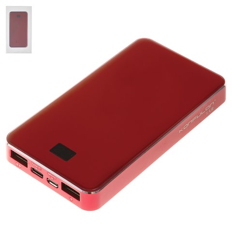 Power Bank Konfulon P10, 10000 mAh, USB type C input 5V 2A, micro USB type B input 5V 2A, 2 USB outputs 5 V 2.1 A, 131 × 68 × 14 mm, red 