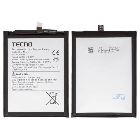 Batería BL 49OT puede usarse con Tecno Camon 20, Camon 20 Pro 5G, Spark 20 Pro+ KJ7 , Li Polymer, 3.87 V, 5000 mAh, Original PRC 