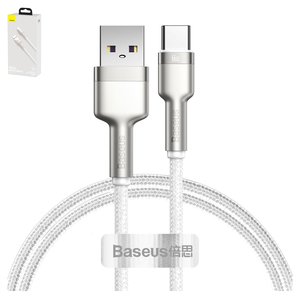 USB кабель Baseus Cafule Series Metal, USB тип C, USB тип A, 100 см, 66 Вт, 6 А, сріблястий, білий, в нейлоновому обплетенні, #CAKF000102