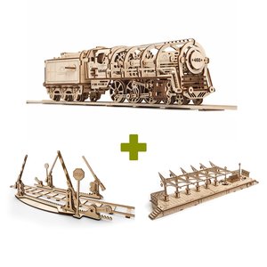 Rompecabezas mecánico 3D UGEARS juego 3 en 1: Locomotora + Rieles + Andén